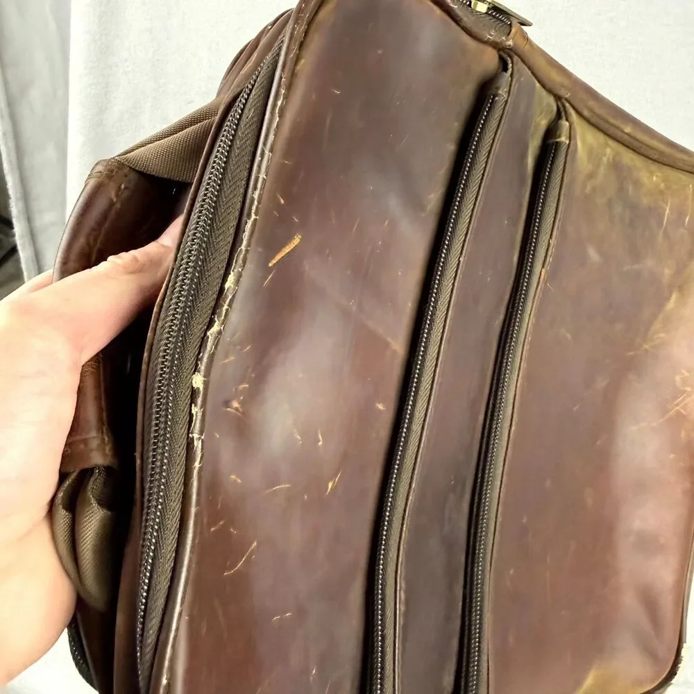 Brookstone Messenger Bag Mens Brown Leather Multi Pocket Detachable Crossbody